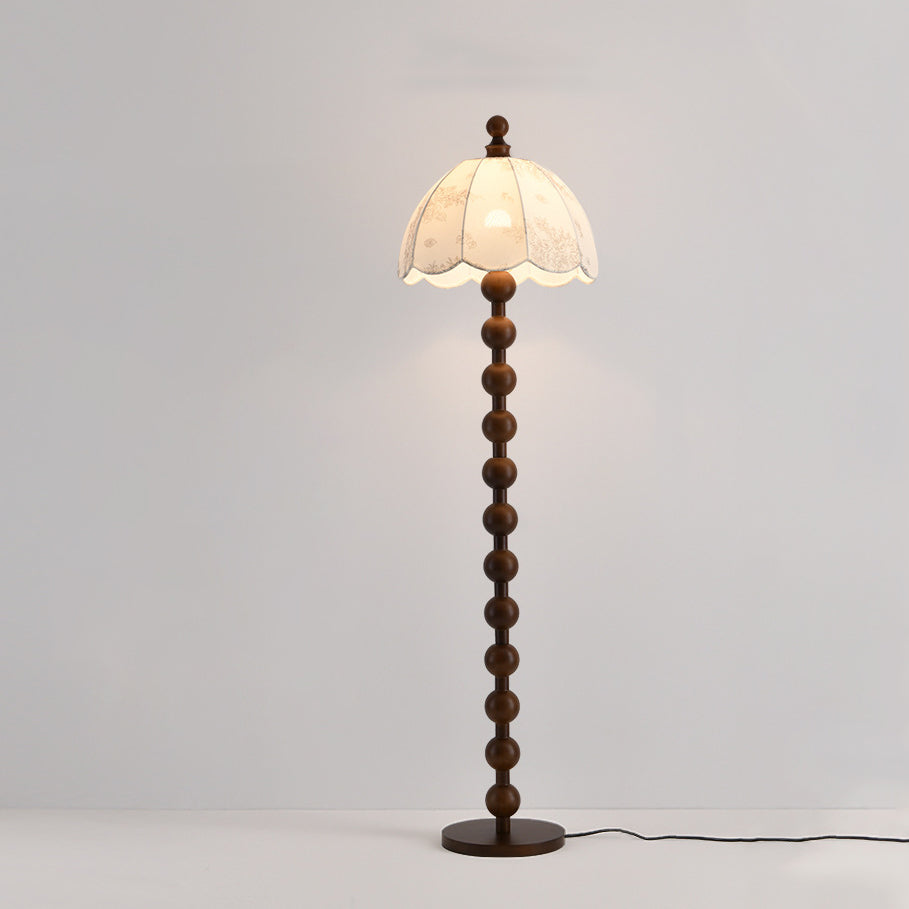 Traditional Chinese Spherical Cylindrical Wooden Fabric 1-Light Standing Floor Lamp For Living Room