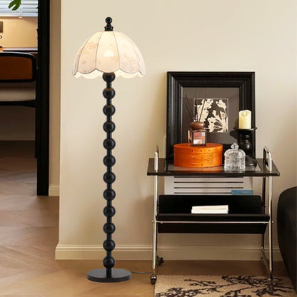 Traditional Chinese Spherical Cylindrical Wooden Fabric 1-Light Standing Floor Lamp For Living Room