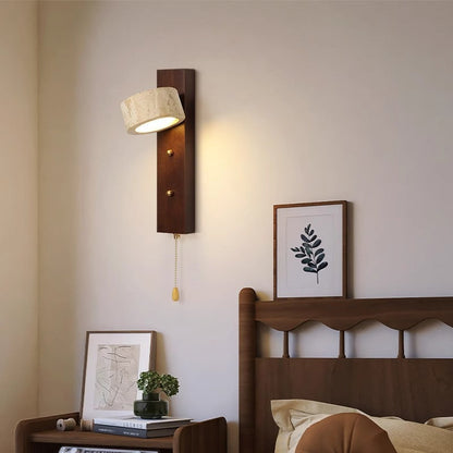 مصباح حائط LED تقليدي على شكل عمود دائري مربع من خشب الترافرتين الأصفر والجوز لغرفة النوم 