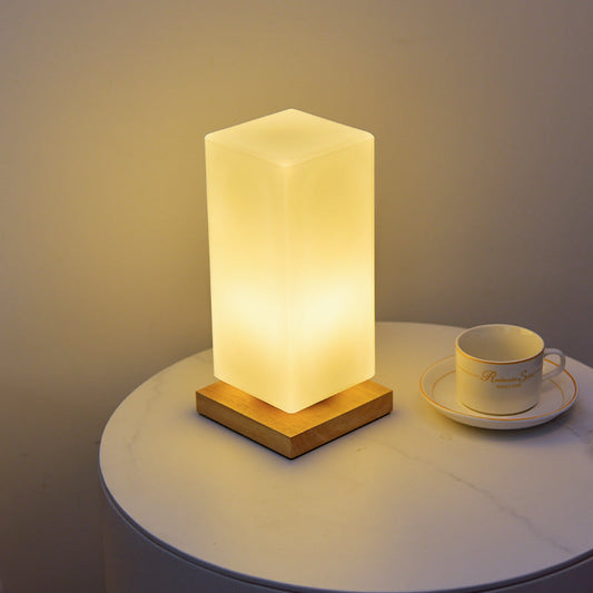 Modern Minimalist Cylindrical Square Wooden Glass LED Table Lamp For Bedroom