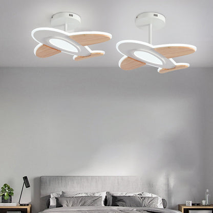 Contemporary Creative Kid Aircraft-Shaped Round Iron Aluminum Acrylic Wooden LED Semi-Flush Mount Ceiling Light For Bedroom