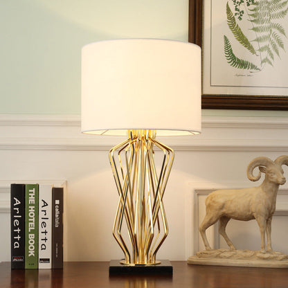 Contemporary Luxury Cylindrical Geometric Metal-Woven Base Marble Iron Fabric 1- Light Table Lamp For Bedroom