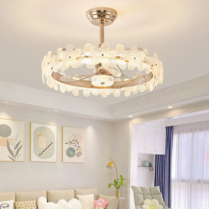مروحة سقف عصرية فاخرة دائرية أسطوانية الشكل على شكل زهرة مصنوعة من الزجاج والنحاس ABS LED لغرفة النوم 
