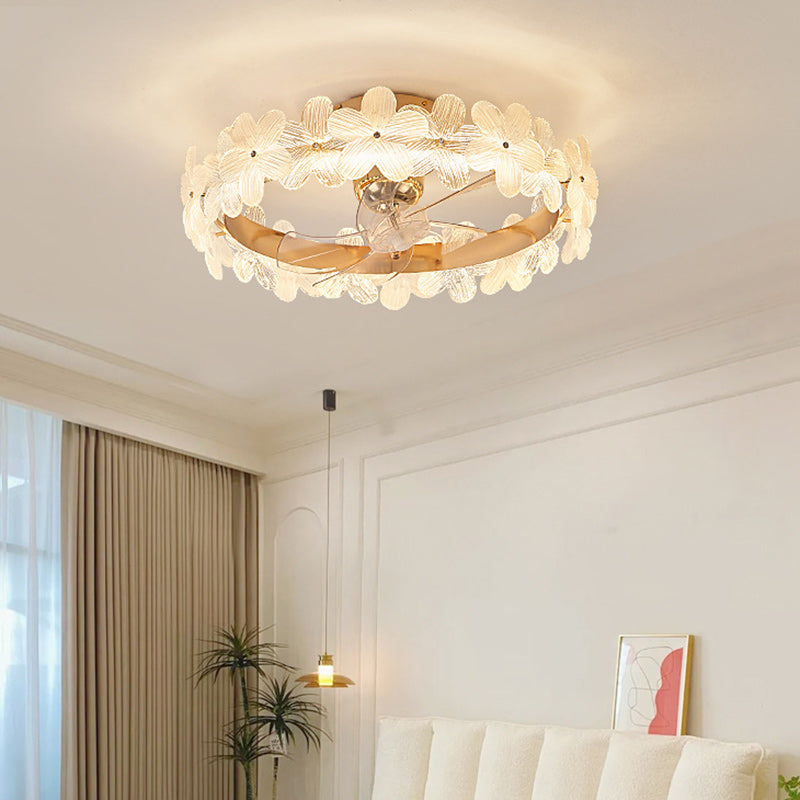 مروحة سقف عصرية فاخرة دائرية أسطوانية الشكل على شكل زهرة مصنوعة من الزجاج والنحاس ABS LED لغرفة النوم 