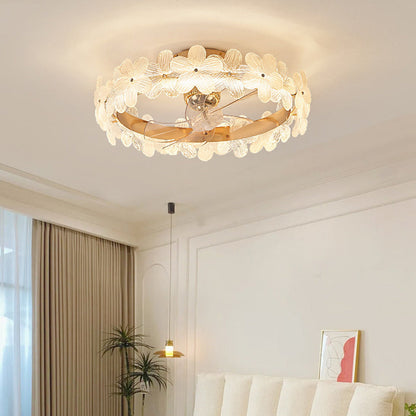 مروحة سقف عصرية فاخرة دائرية أسطوانية الشكل على شكل زهرة مصنوعة من الزجاج والنحاس ABS LED لغرفة النوم 