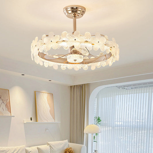 現代的で豪華な丸型円筒形の花型ガラス銅ABS LEDダウンロッドシーリングファンライト寝室用