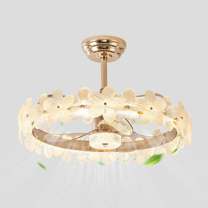 مروحة سقف عصرية فاخرة دائرية أسطوانية الشكل على شكل زهرة مصنوعة من الزجاج والنحاس ABS LED لغرفة النوم 