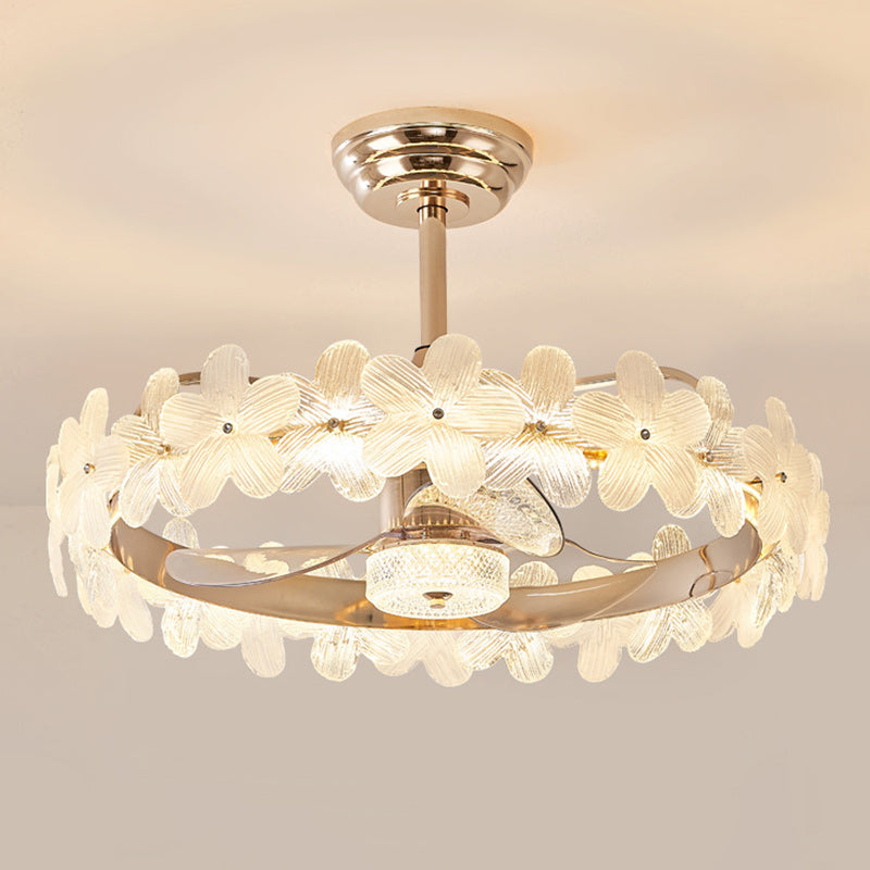 مروحة سقف عصرية فاخرة دائرية أسطوانية الشكل على شكل زهرة مصنوعة من الزجاج والنحاس ABS LED لغرفة النوم 