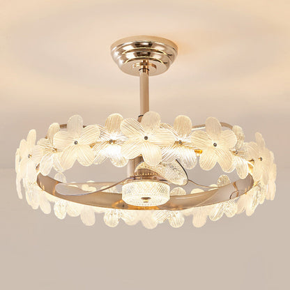 مروحة سقف عصرية فاخرة دائرية أسطوانية الشكل على شكل زهرة مصنوعة من الزجاج والنحاس ABS LED لغرفة النوم 