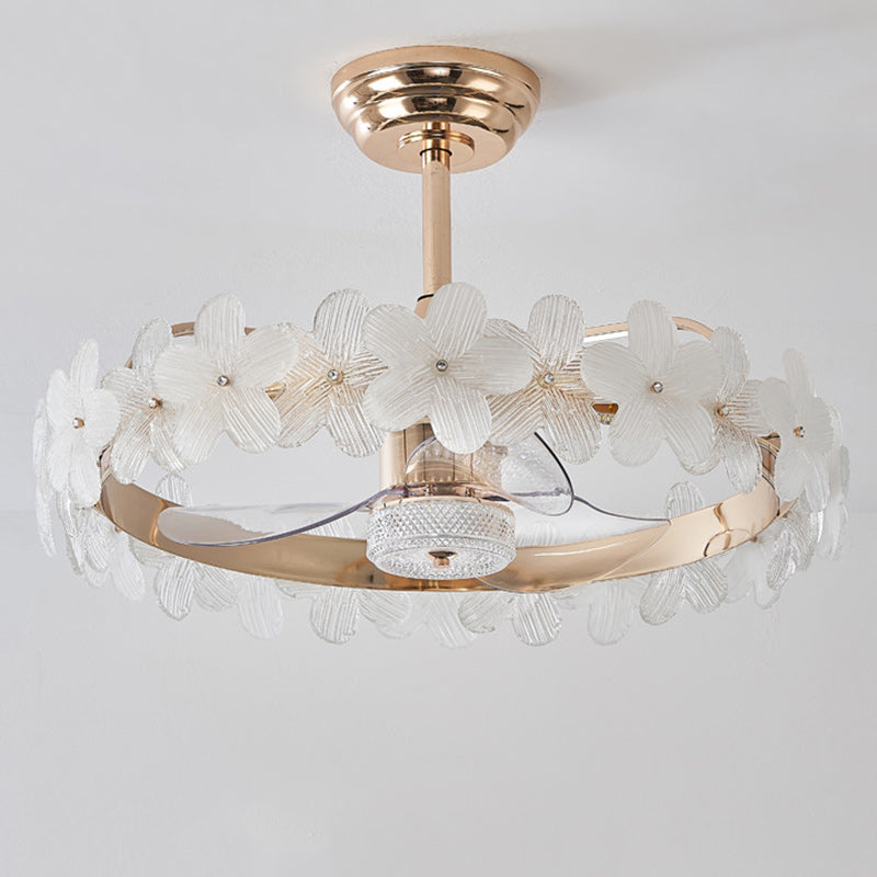 مروحة سقف عصرية فاخرة دائرية أسطوانية الشكل على شكل زهرة مصنوعة من الزجاج والنحاس ABS LED لغرفة النوم 