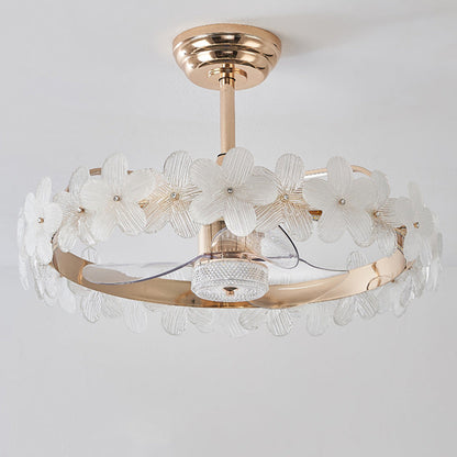 مروحة سقف عصرية فاخرة دائرية أسطوانية الشكل على شكل زهرة مصنوعة من الزجاج والنحاس ABS LED لغرفة النوم 