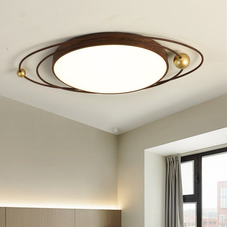 Contemporary Creative Cylindrical Spherical Planetary Shape Iron Acrylic LED Flush Mount Ceiling Light For Bedroom