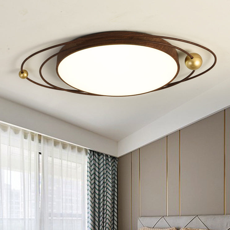 Contemporary Creative Cylindrical Spherical Planetary Shape Iron Acrylic LED Flush Mount Ceiling Light For Bedroom