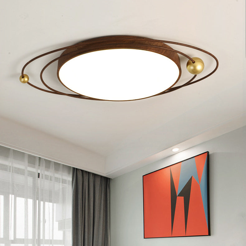 Contemporary Creative Cylindrical Spherical Planetary Shape Iron Acrylic LED Flush Mount Ceiling Light For Bedroom