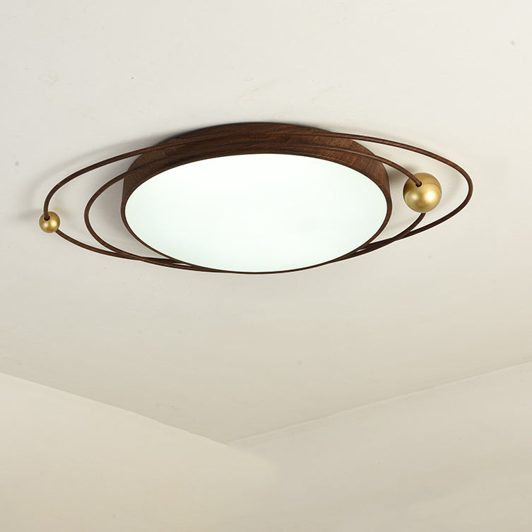 Contemporary Creative Cylindrical Spherical Planetary Shape Iron Acrylic LED Flush Mount Ceiling Light For Bedroom
