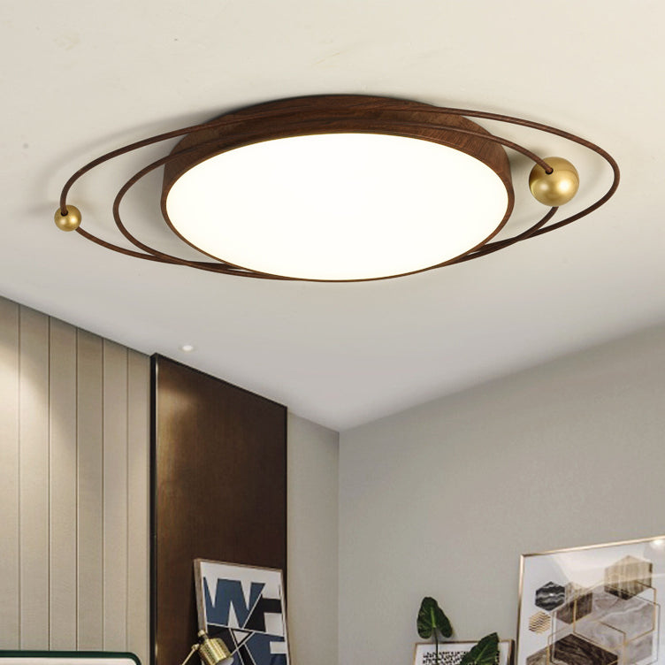 Contemporary Creative Cylindrical Spherical Planetary Shape Iron Acrylic LED Flush Mount Ceiling Light For Bedroom