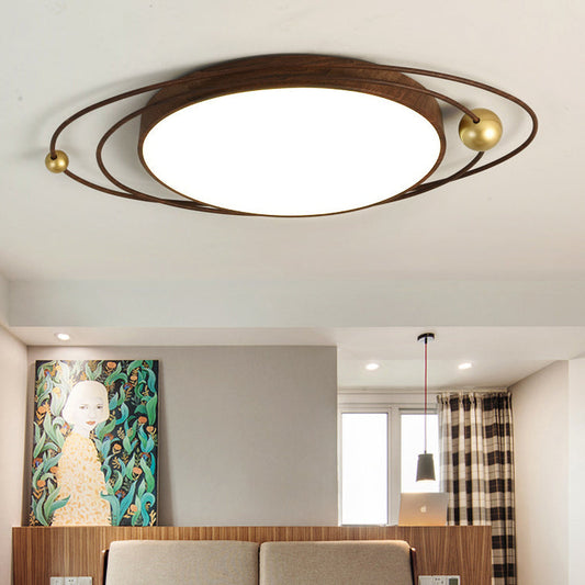Contemporary Creative Cylindrical Spherical Planetary Shape Iron Acrylic LED Flush Mount Ceiling Light For Bedroom