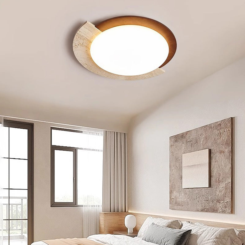 Traditional Vintage Round Beige Travertine Plastic LED Flush Mount Ceiling Light For Living Room