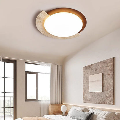 Traditional Vintage Round Beige Travertine Plastic LED Flush Mount Ceiling Light For Living Room
