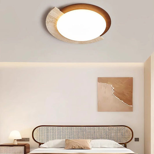 Traditional Vintage Round Beige Travertine Plastic LED Flush Mount Ceiling Light For Living Room