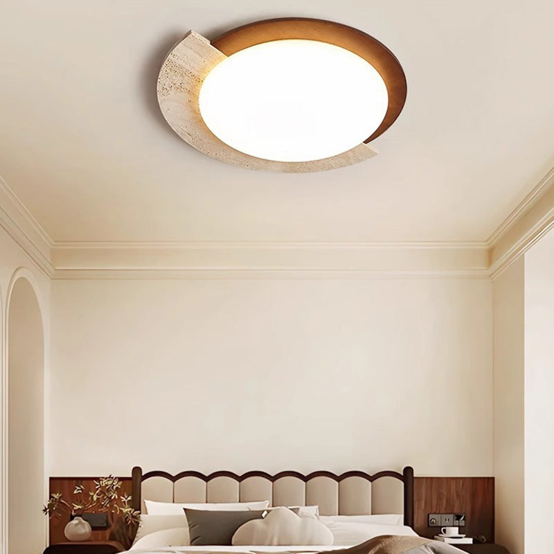 Traditional Vintage Round Beige Travertine Plastic LED Flush Mount Ceiling Light For Living Room