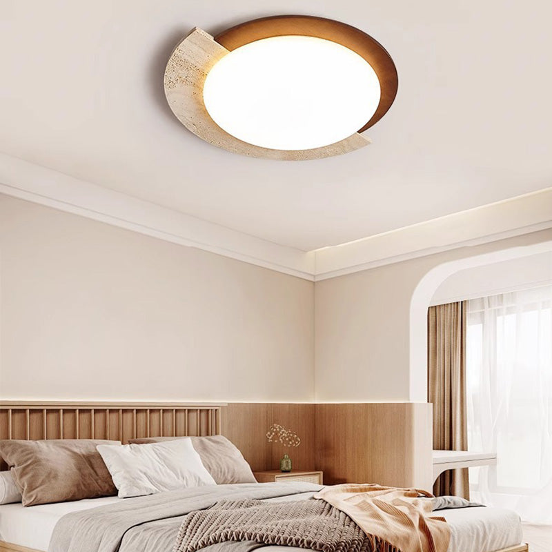 Traditional Vintage Round Beige Travertine Plastic LED Flush Mount Ceiling Light For Living Room