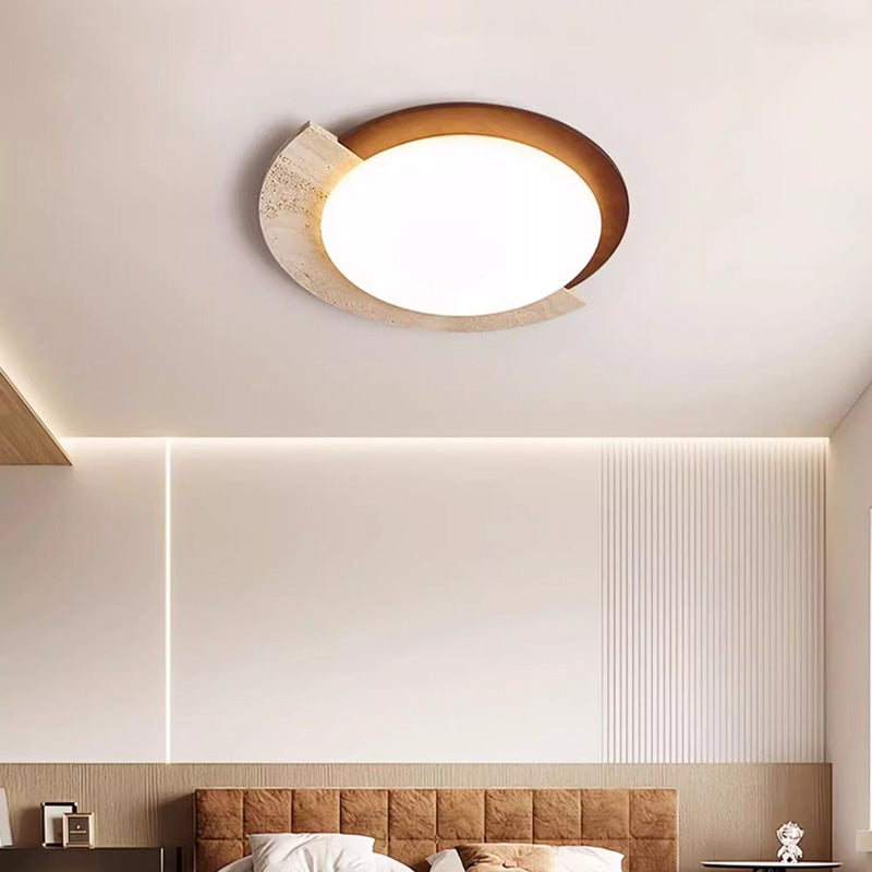 Traditional Vintage Round Beige Travertine Plastic LED Flush Mount Ceiling Light For Living Room