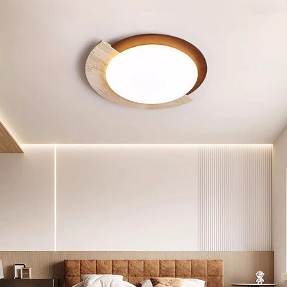 Traditional Vintage Round Beige Travertine Plastic LED Flush Mount Ceiling Light For Living Room