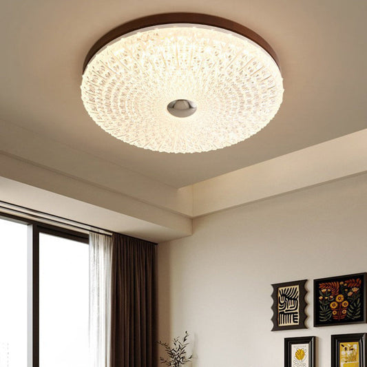 Contemporary Retro Round Checkered Wood Hardware Acrylic LED Flush Mount Ceiling Light For Living Room