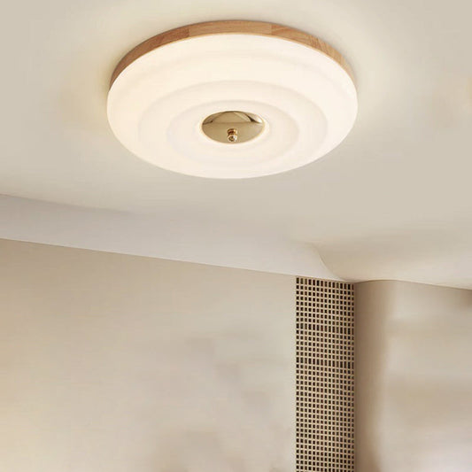 Contemporary Nordic Cream Round Iron Wood Acrylic LED Flush Mount Ceiling Light For Bedroom