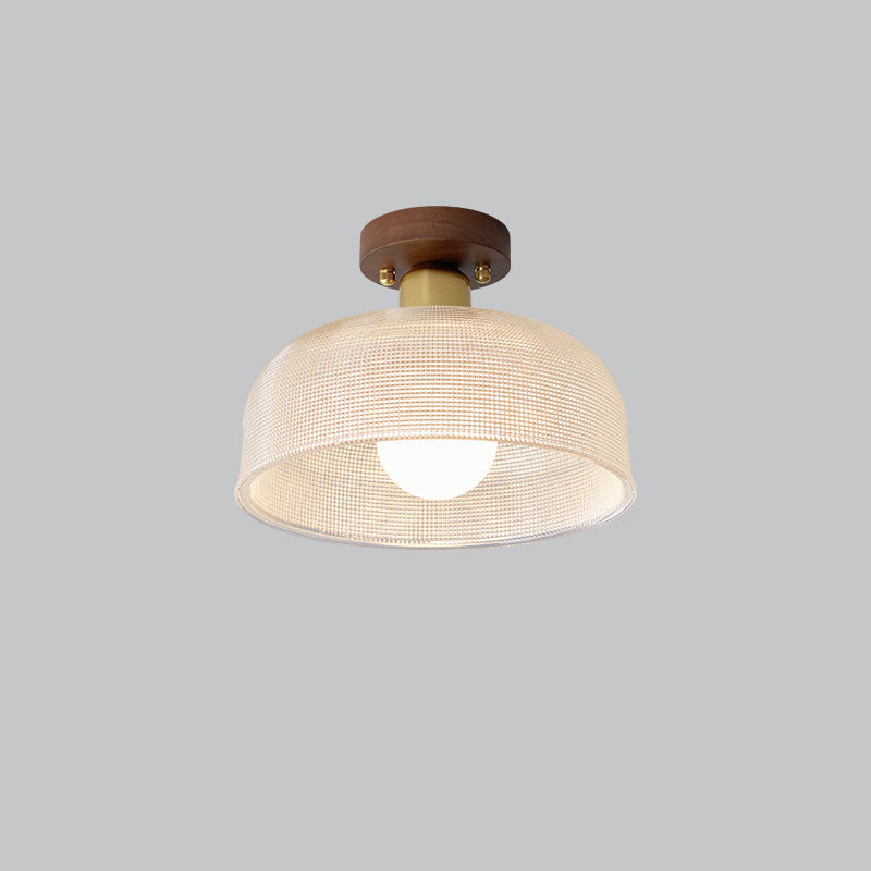 Traditional Japanese Round Flower Cone Wood Copper Glass 1-Light Semi-Flush Mount Ceiling Light For Living Room