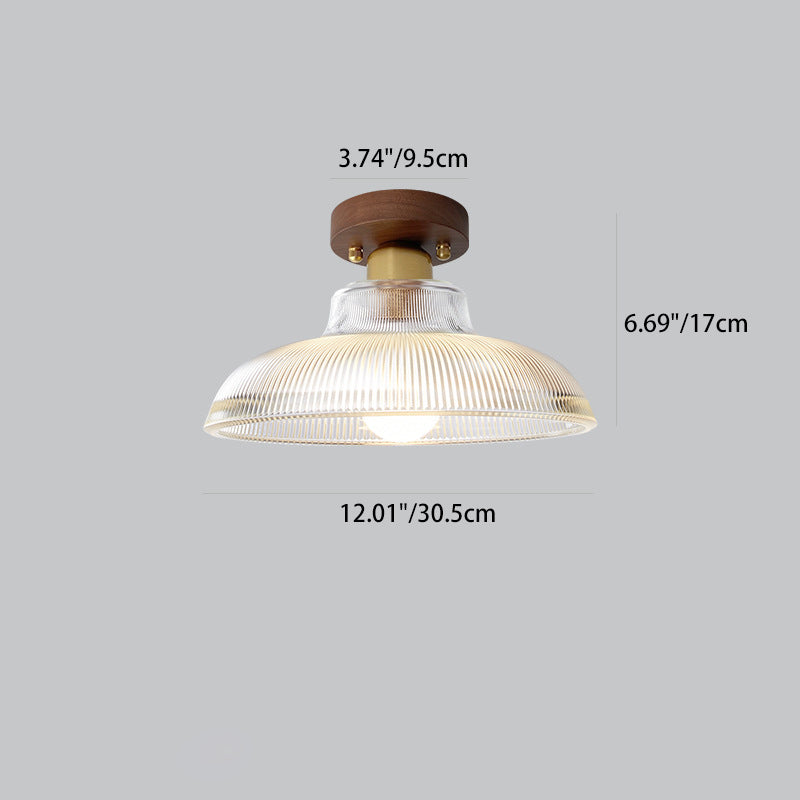 Traditional Japanese Round Flower Cone Wood Copper Glass 1-Light Semi-Flush Mount Ceiling Light For Living Room