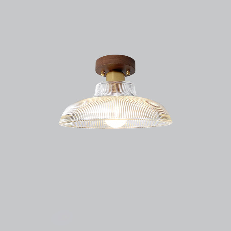 Traditional Japanese Round Flower Cone Wood Copper Glass 1-Light Semi-Flush Mount Ceiling Light For Living Room