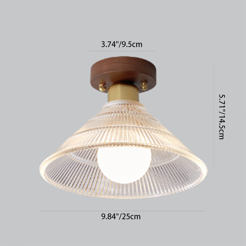 Traditional Japanese Round Flower Cone Wood Copper Glass 1-Light Semi-Flush Mount Ceiling Light For Living Room