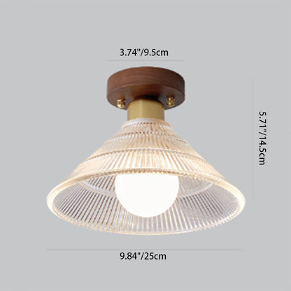 Traditional Japanese Round Flower Cone Wood Copper Glass 1-Light Semi-Flush Mount Ceiling Light For Living Room