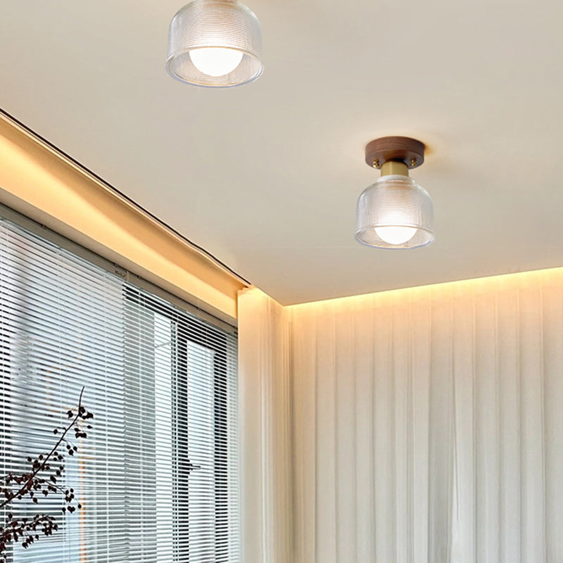 Traditional Japanese Round Flower Cone Wood Copper Glass 1-Light Semi-Flush Mount Ceiling Light For Living Room