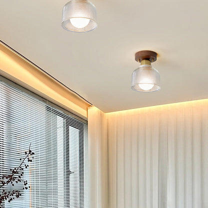 Traditional Japanese Round Flower Cone Wood Copper Glass 1-Light Semi-Flush Mount Ceiling Light For Living Room