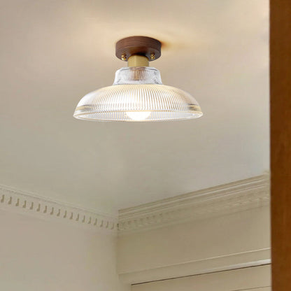 Traditional Japanese Round Flower Cone Wood Copper Glass 1-Light Semi-Flush Mount Ceiling Light For Living Room