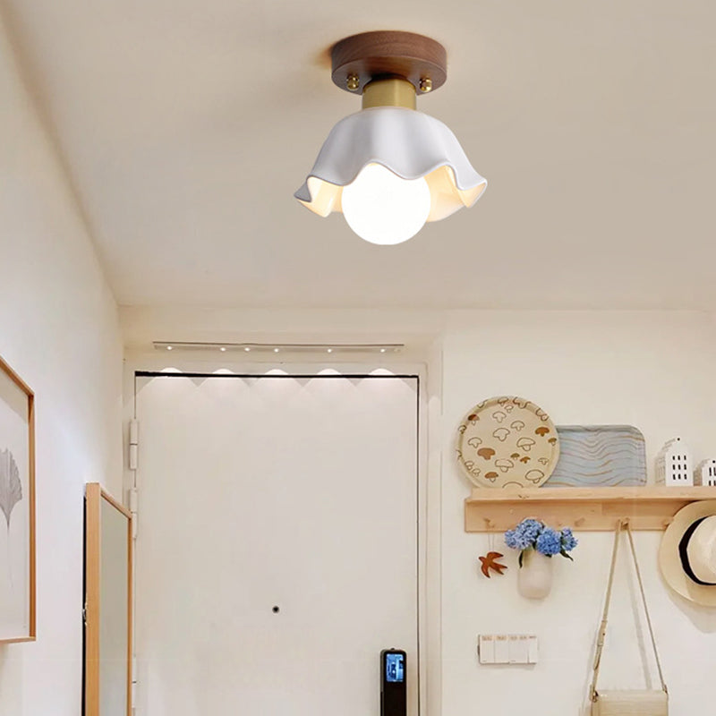 Traditional Japanese Round Flower Cone Wood Copper Glass 1-Light Semi-Flush Mount Ceiling Light For Living Room