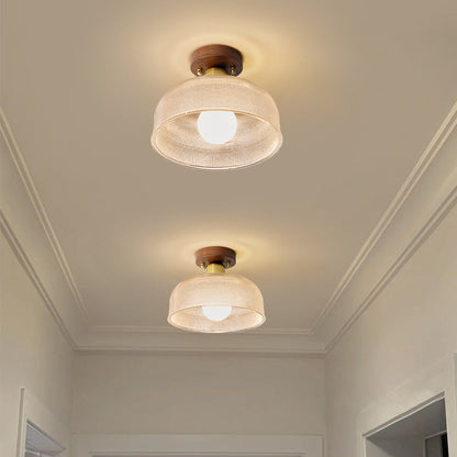 Traditional Japanese Round Flower Cone Wood Copper Glass 1-Light Semi-Flush Mount Ceiling Light For Living Room