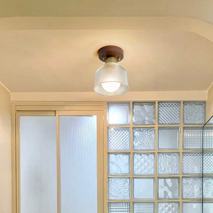 Traditional Japanese Round Flower Cone Wood Copper Glass 1-Light Semi-Flush Mount Ceiling Light For Living Room