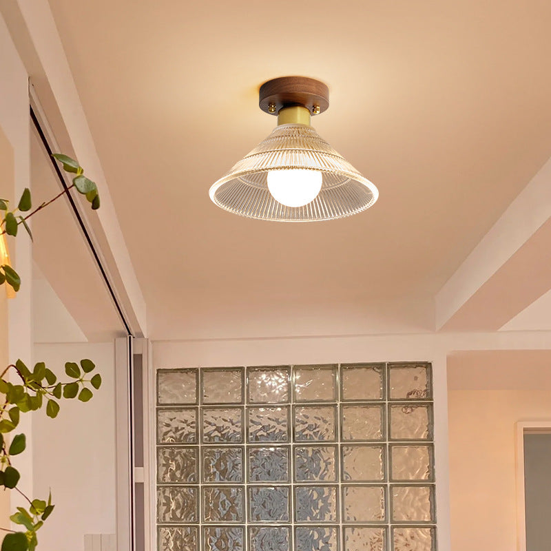 Traditional Japanese Round Flower Cone Wood Copper Glass 1-Light Semi-Flush Mount Ceiling Light For Living Room
