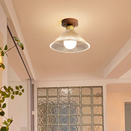 Traditional Japanese Round Flower Cone Wood Copper Glass 1-Light Semi-Flush Mount Ceiling Light For Living Room