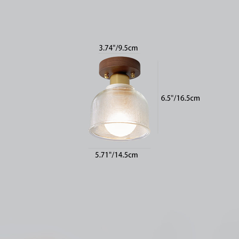 Traditional Japanese Round Flower Cone Wood Copper Glass 1-Light Semi-Flush Mount Ceiling Light For Living Room