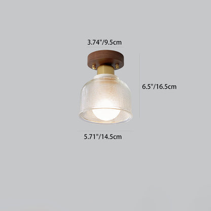 Traditional Japanese Round Flower Cone Wood Copper Glass 1-Light Semi-Flush Mount Ceiling Light For Living Room