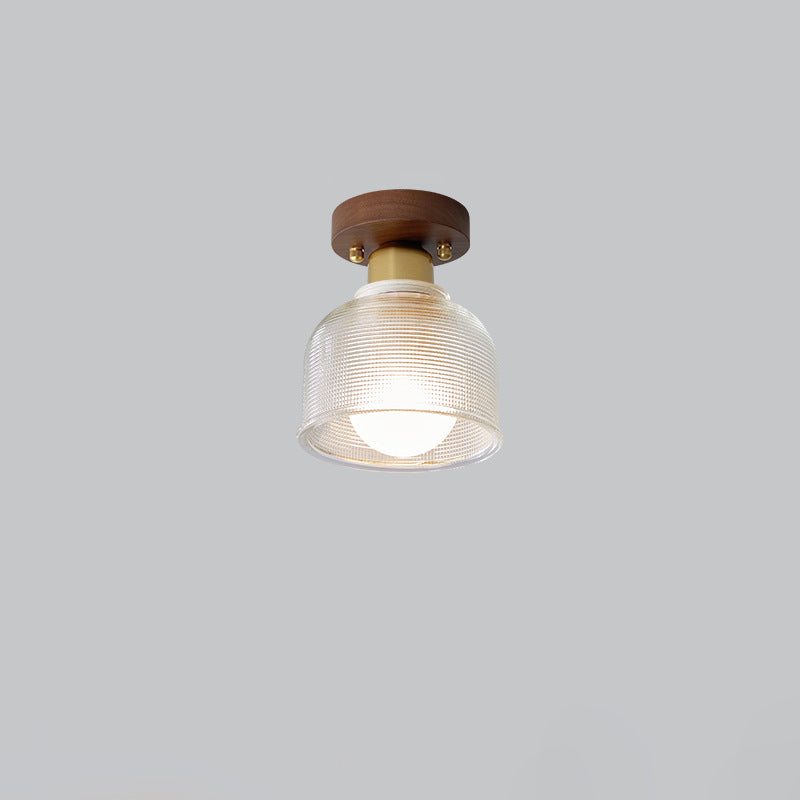 Traditional Japanese Round Flower Cone Wood Copper Glass 1-Light Semi-Flush Mount Ceiling Light For Living Room