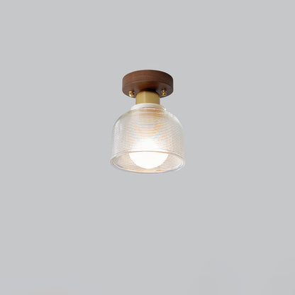 Traditional Japanese Round Flower Cone Wood Copper Glass 1-Light Semi-Flush Mount Ceiling Light For Living Room