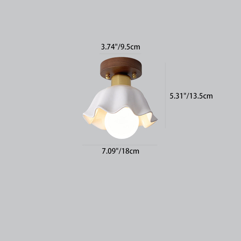 Traditional Japanese Round Flower Cone Wood Copper Glass 1-Light Semi-Flush Mount Ceiling Light For Living Room