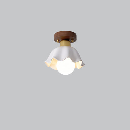 Traditional Japanese Round Flower Cone Wood Copper Glass 1-Light Semi-Flush Mount Ceiling Light For Living Room