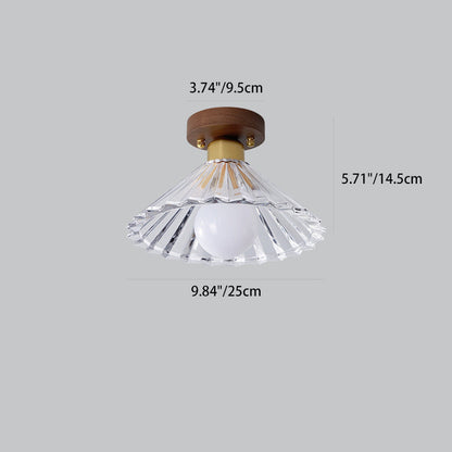 Traditional Japanese Round Flower Cone Wood Copper Glass 1-Light Semi-Flush Mount Ceiling Light For Living Room